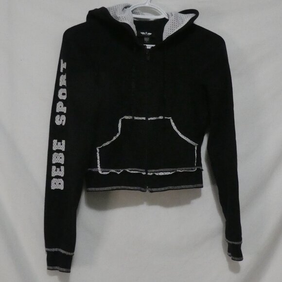 BEBE SPORT | small | Black & White Cropped Mesh Lined Hoodie | Logo & Stripes - Picture 1 of 15